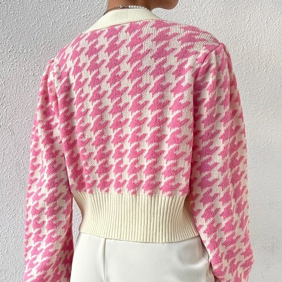 Multicolor Preppy Womens Houndstooth Pattern Lantern Sleeve Cardigan - Picture 2 of 5